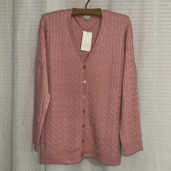 a new day XS-XL Pink Cable Knit Button Front Oversized Tunic Length Cardigan - Picture 4 of 14